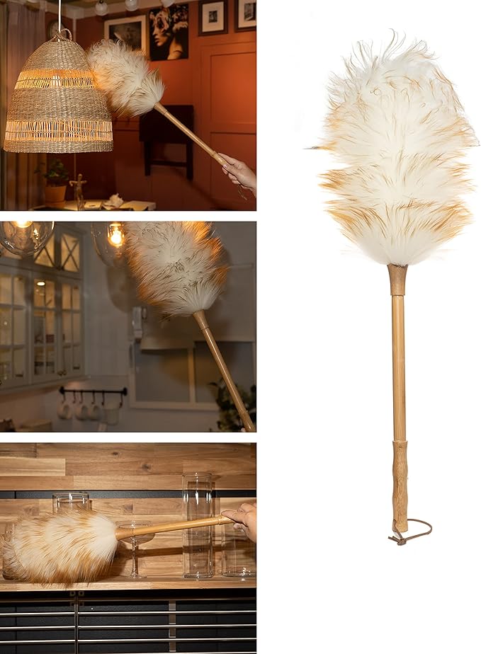 Avain Wool Duster with Wood Handle, Blinds Cleaner Purifier, Brush Cleaning Tool, Lambswool Dusters for Cleaning Vehicles, Office and Housework Dusting 18.inches Long (Pure, Pack of 3)