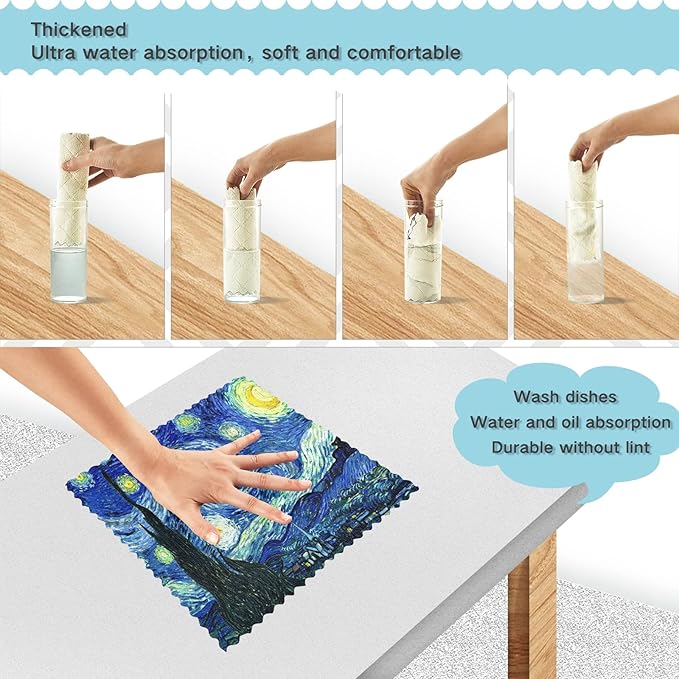 ALAZA Dish Towels Kitchen Cleaning Cloths Vincent Van Gogh Starry Night Dish Cloths Super Absorbent Kitchen Towels Lint Free Bar Tea Soft Towel Kitchen Accessories Set of 6,11"x11"