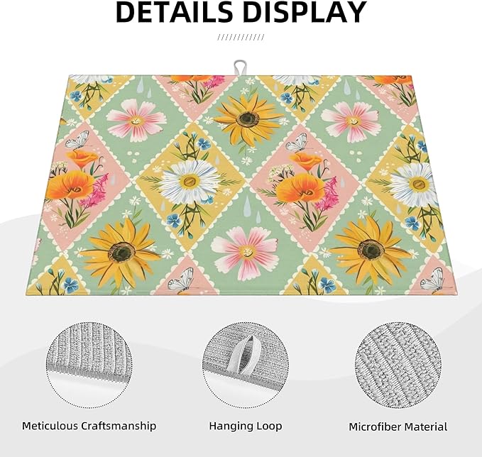 Daisy Flowers Dish Drying Mat 18x24 Inch, Microfiber Absorbent Fast Dry Mat Floral Large Dish Mat Drying Kitchen Mat, Kitchen Drying Pad for Kitchen Counter Coffee Bar Decor Gifts