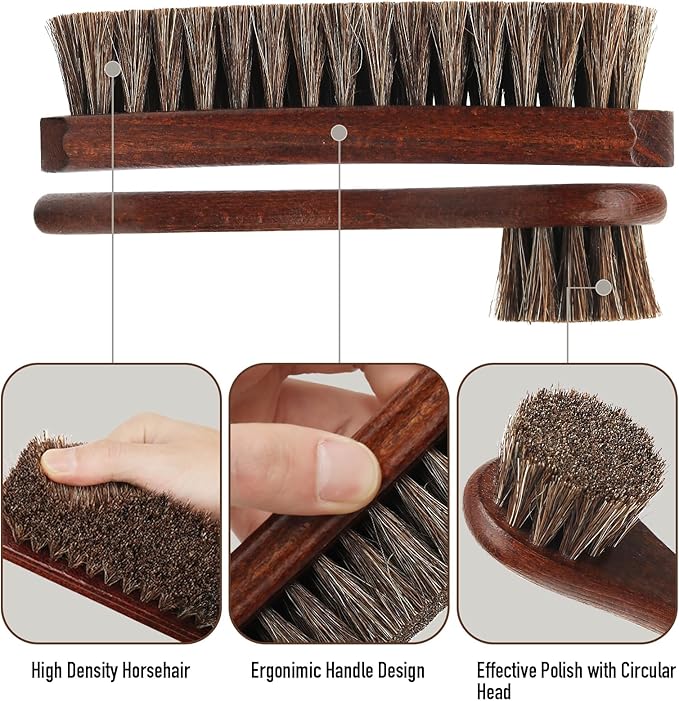 3-Piece 100% Horse Hair Shoe Brush Kit Premium Dauber Applicators Leather Care Cleaning Set with Polishing Brushes and Microfiber Cloth for Leather Suede Shoes Boots Bags Cars Cleaning Polishing