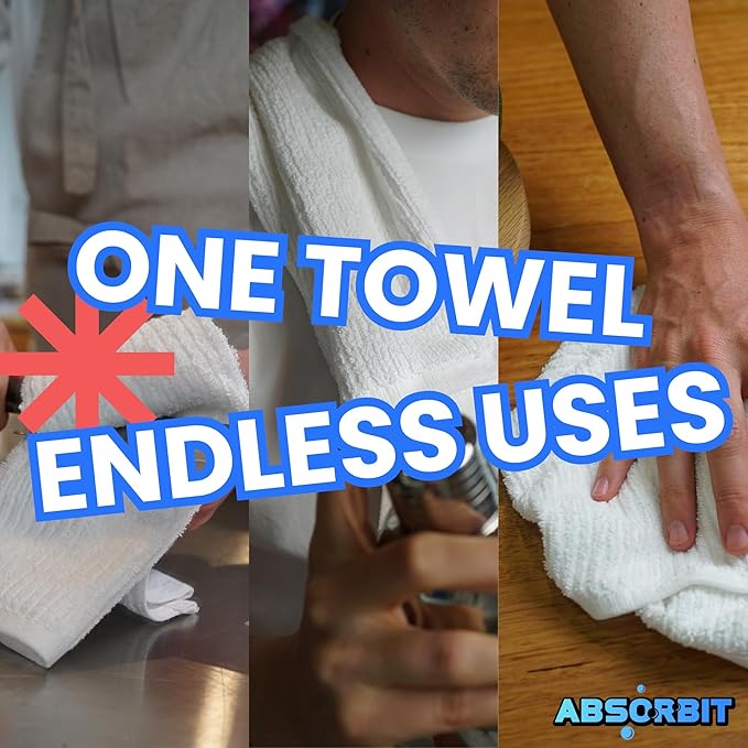 Absorbit Bar Mop Towels 100% Cotton 16x19 (12 Pack) Super Absorbent, Bleach Safe, No Fray Ribbed Terry Cloth