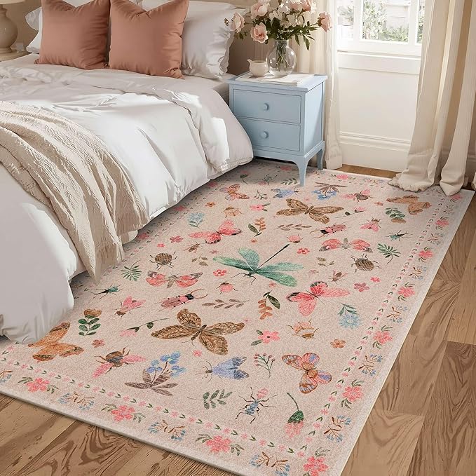 3x5 Rug for Entryway Bedroom, Pink 3x5 Washable Area Rug, Floral Vintage Retro Boho Throw Rug, Non Slip & Low Pile Small Carpet for Indoor Kitchen, Bedside, Living Room, Bathroom and Dining