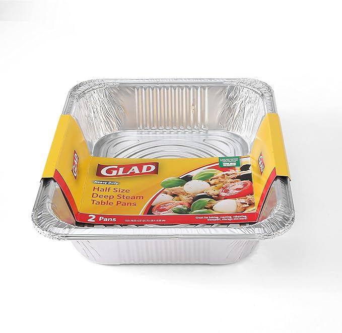 Glad Disposable Aluminum Half Size Deep Steam Pan | 2 Count | 12.5" x 10.25" x 2.5" | Foil Steamware for Steaming (Pack of 2)