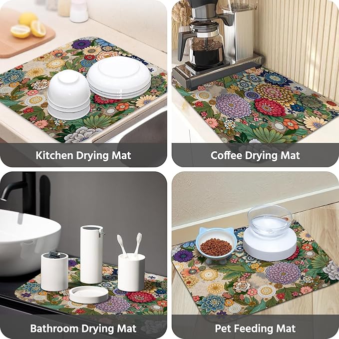 Dish Drying Mat for Kitchen Counter 18x24 Inch, Super Absorbent Dish Drainer Mat, Decorative Microfiber Dishes Drying Pad-Large(Luxurious flowers)