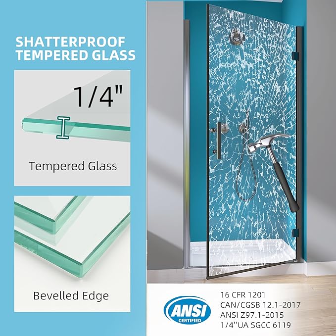 GETPRO Pivot Shower Door Hinged Frameless 32 in. W x 72 in. H Swing Single Small Shower Door 1/4 inch Tempered Glass Panel Adjustable Right Hinged Bathroom Door for Shower Matte Black Hardwares