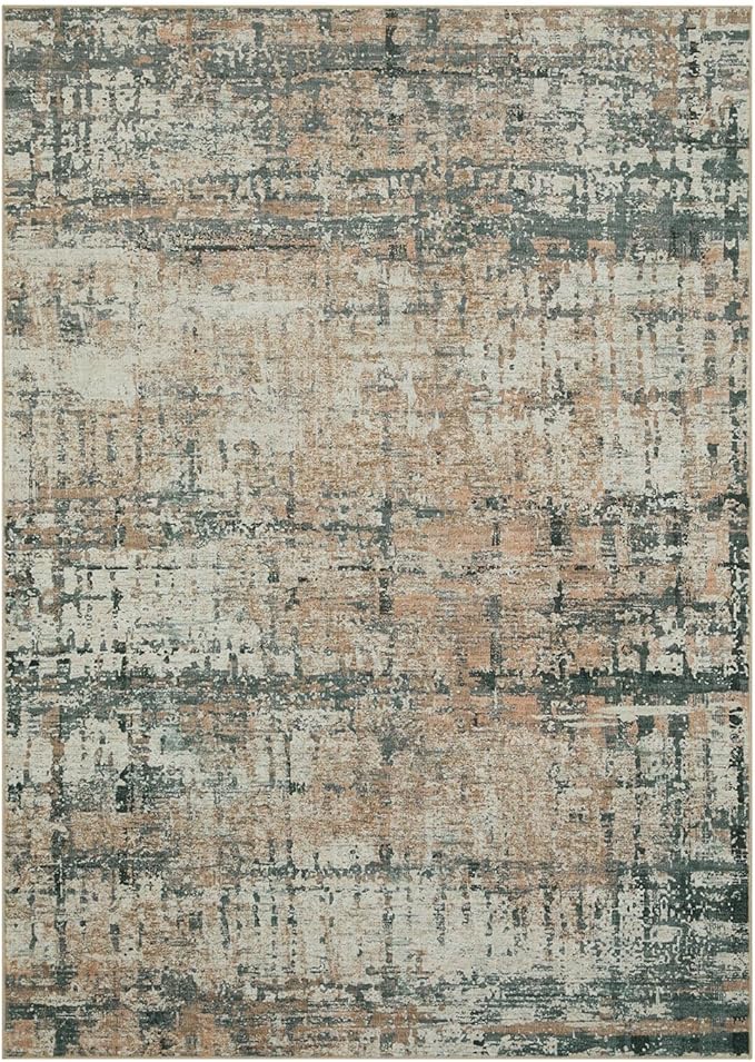 10x14 Extra Large Washable Area Rug, Soft Abstract Vintage Rug for Living Room, Bedroom, Office, Farmhouse, Low Pile Imitation Wool Non Slip Carpet Ideal for High-Traffic Areas, Moss