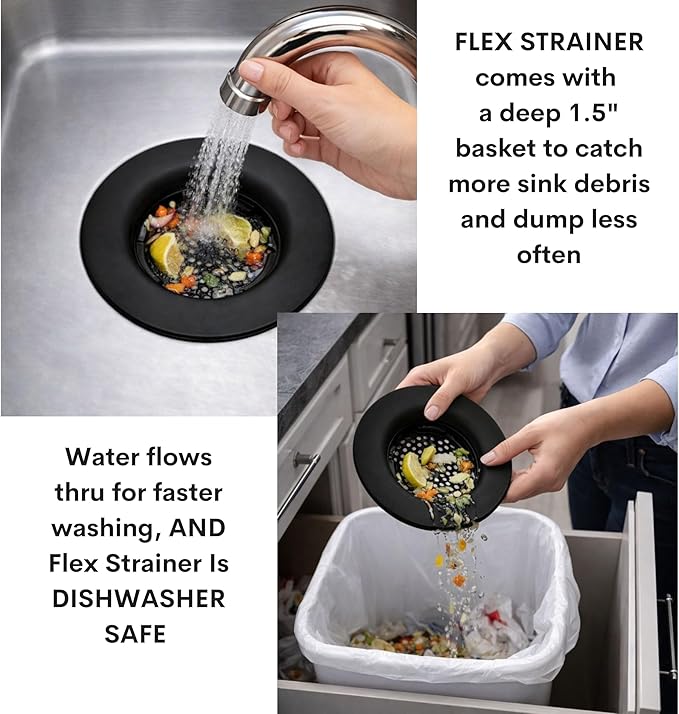 Flex Strainer® Sink Drain Strainer with Optional Stopper – No Center Stem, Fits Standard 3½” Sink Drains & Disposals – Easy Clean, Dishwasher Safe – Made in USA (Black, 1PK)