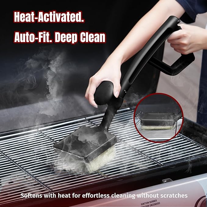 Grill Brush Bristle Free with Aramid Fiber - 600°F Heat Resistant Steam Cleaning Brush, Dual Handle BBQ Grill Cleaning Brush with Scraper, Replaceable Head for Outdoor Grill Weber Traeger Grates