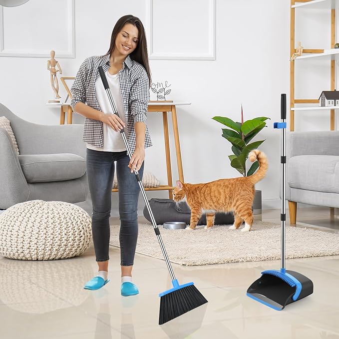 NACENA Broom and Dustpan Set, 52-in Long Adjustable Handle Broom Dustpan Combo with Dustpan Teeth to Automatically Clean Hair Suitable for Home Kitchen Office Hall Floor（Black&Blue）