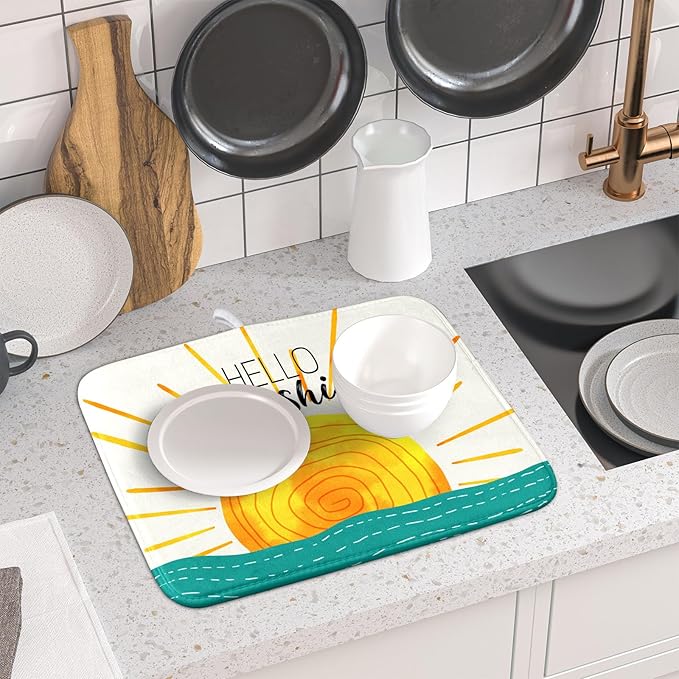 Summer Seaside Sunset over Sea Dish Drying Mat for Kitchen Counter,Hello Sunshine Drying Mat 16 x 18 Inch with Absorbent Reversible Microfiber Drying Pad for Coffee Bar