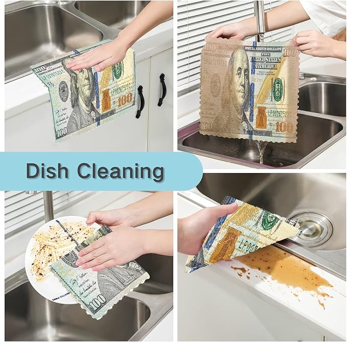 ALAZA Kitchen Towels 100 Dollar Bill Printed Dish Towels Multipurpose Reusable Dish Cloths Soft Cleaning Cloth Kitchen Accessories Set of 6,11"x11"