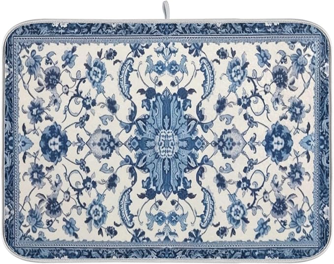 Dish Drying Mat Kitchen Counter Absorbent Blue and White Pattern Coffee Sink Mat Dish Drainer Pad 18 Inch x 24 Inch