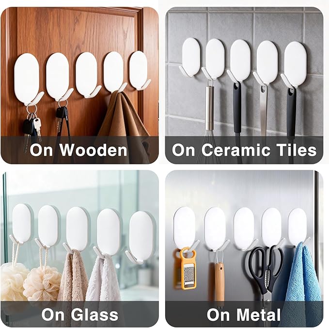 Sticky Adhesive Hooks for Hanging, Key Hooks, Stainless Steel Wall Hooks, Command Hooks, Coat Hooks, Door Hooks, Towel Hanger, Metal Hook, Utility Hooks,Picture Hanger, Storage Hooks, 10Pcs (White)