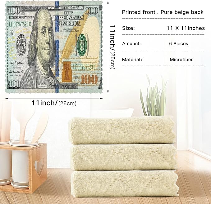 ALAZA Kitchen Towels 100 Dollar Bill Printed Dish Towels Multipurpose Reusable Dish Cloths Soft Cleaning Cloth Kitchen Accessories Set of 6,11"x11"