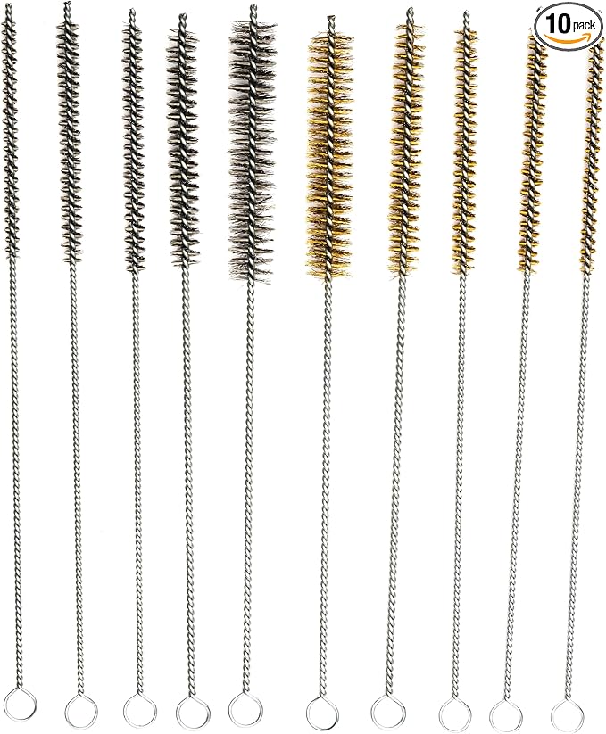 PMD Products 10-Piece Tube Cleaning Brush Kit | Brass Wire Bore Brushes & Stainless Steel Brushes 12" Long (1/4" to 3/4") for Tubes, Cylinders, and Narrow Spaces