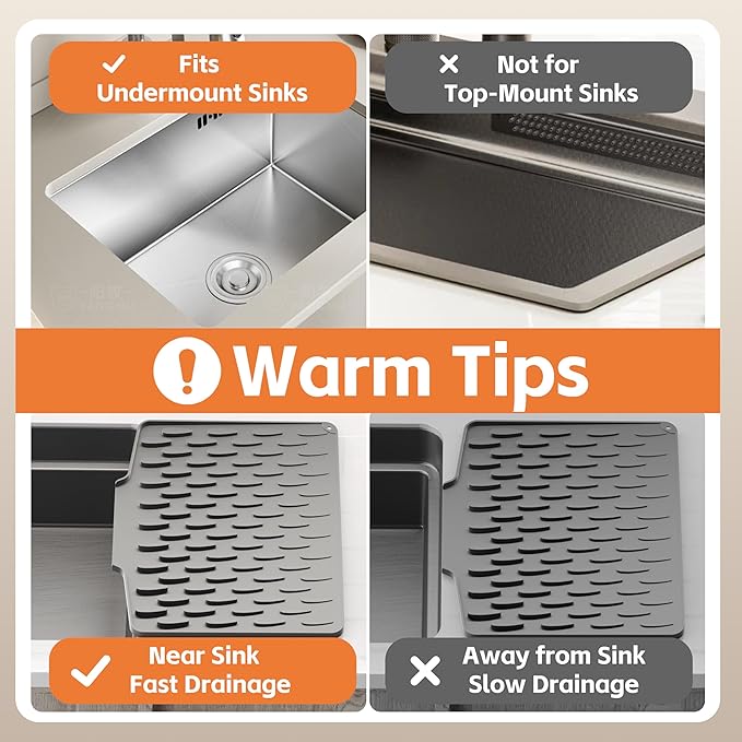 Silicone Dish Drying Mat for Kitchen Counter or Sink with Built-in Drain Lip, Non-Slip Quick Drying Mat, Easy to Clean, Heat Resistant Drying Matt, 15.7" x 13", Grey