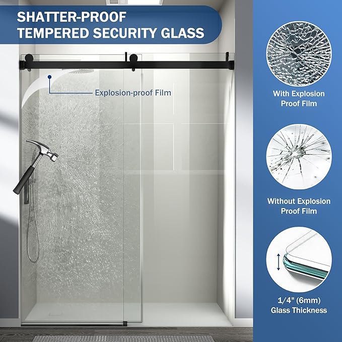 Abruzzo 76" Frameless Shower Door Single Sliding - 1/4" Tempered Glass Soft Close, Matte Black, Adjustable 56-60" Width