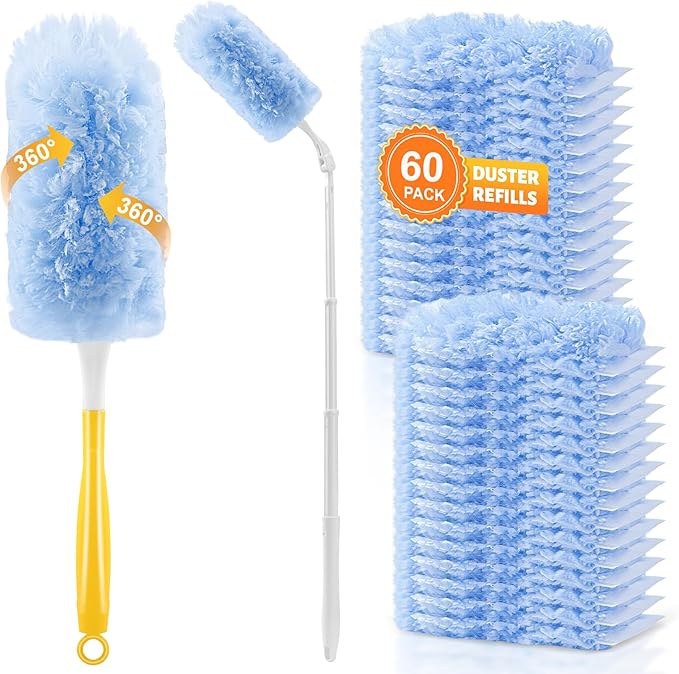 60-Pack Heavy Duty Duster Refills Compatible with Swiffer, 3FT Extendable Handle, 5X Multi-Surface Microfiber Duster for Home, Fans, Blinds, Vents & Car Cleaning
