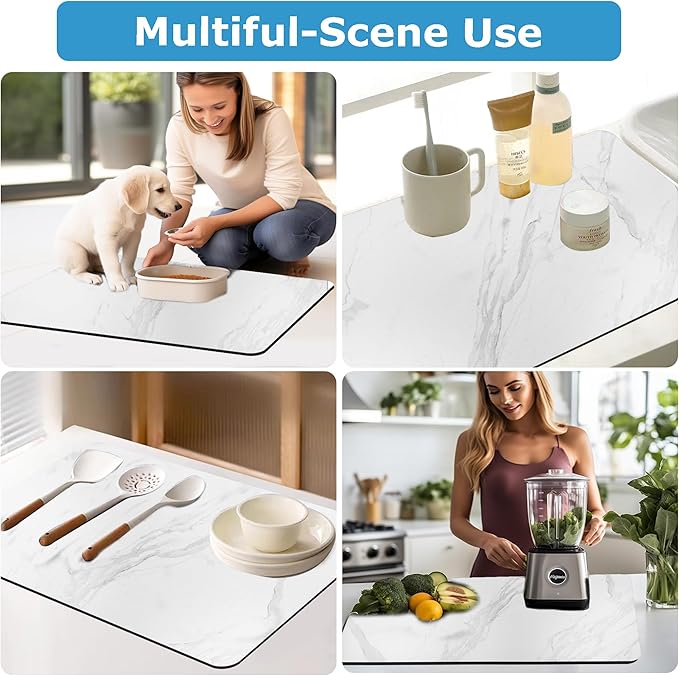 Dish Drying Mat Coffee Bar Mat for Kitchen Counter, Absorbent Dish Rack Pad Hide Stain with Non-slip Rubber Backed Coffee Accessories Fit Under Espresso Machine Maker White Marble 22.83"x14.96"