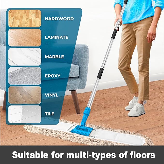 41” Commercial Dust Mop for Floor Cleaning, Industrial Dry Mop with Heavy Duty Long Handle, Large Cotton Reusable mop Head, for Cleaning Office Garage Hardwood Warehouse Factory Mall