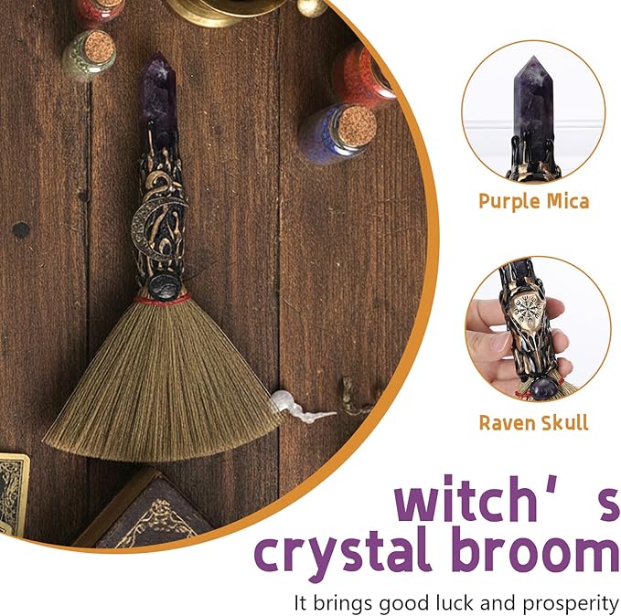 Witchcraft Supplies Witches Broom - Wiccan Decor Raven Altar Supplies with Purple Lepidolite Natural Healing Crystals Hexagonal Points Pagan Decor Reiki Energy Clearing Crafts