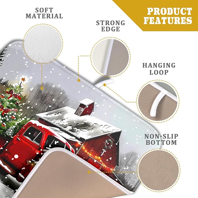 Red Truck Christmas Dish Drying Mat for Kitchen Counter 16x18 Inch Winter Xmas Tree Snowman Dog Print Absorbent Reversible Microfiber Drying Mats Kitchen Countertop Protector Dishes Drainer Rack Pad