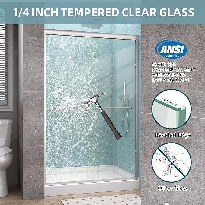 GETPRO Semi-Frameless Shower Door Double Sliding 62-66 in. W x 72 in. H Bypasss Bathroom Glass Shower Sliding Doors,1/4 inch Clear Tempered Glass Door for Walk-in Shower Brushed Nickel