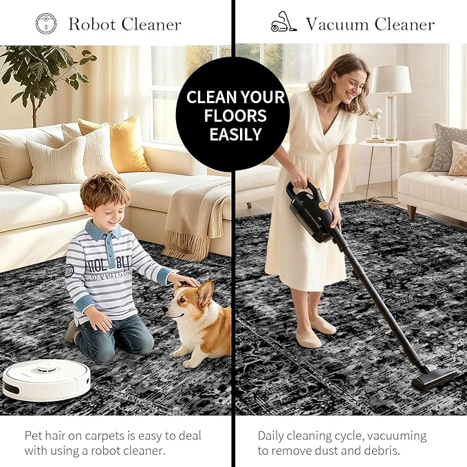 Area Rugs 5x7, Washable Black Rugs for Living Room, Bedroom, Vintage Boho Indoor Soft Carpet for Dining Room, Low Pile Rugs for Office, Farmhouse