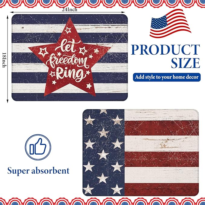 2 Pcs Memorial Day Dish Drying Mat for Kitchen 18 x 24 Inch 4th of July 250th Anniversary USA Patriotic Red White Blue Independence Day Star Microfiber Drainer Mat for Countertop