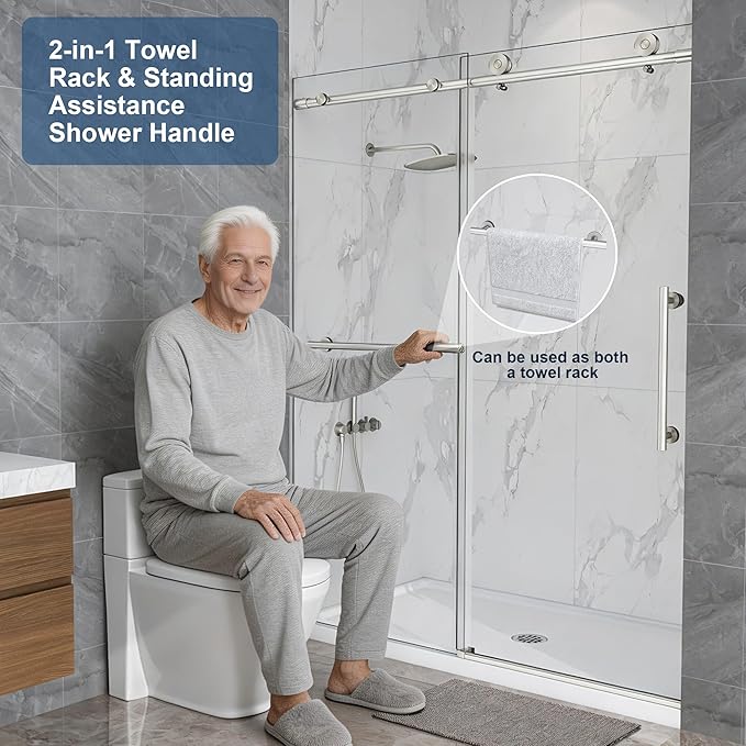 Frameless Shower Door,5/16" (8mm) Glass Sliding Shower Door with Soft-Close & Anti-Leak,Nano Coating Anti-Explosion Film SGCC Tempered Glass 55"-60" X 76"H,Brushed Nickel