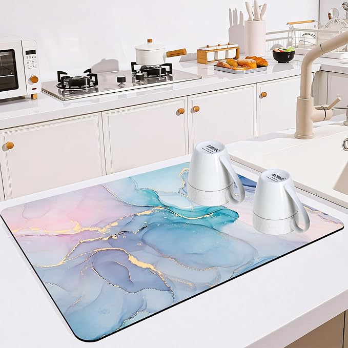 Dish Drying Mat for Multiple Usage. Super Absorbent, Easy clean, Quick dry, Cocina Accesorios for Kitchen Counter or Faucet Sink, Coffee bar, Refrigerator or Air fryer liners, 2 Pack Colorful Marble