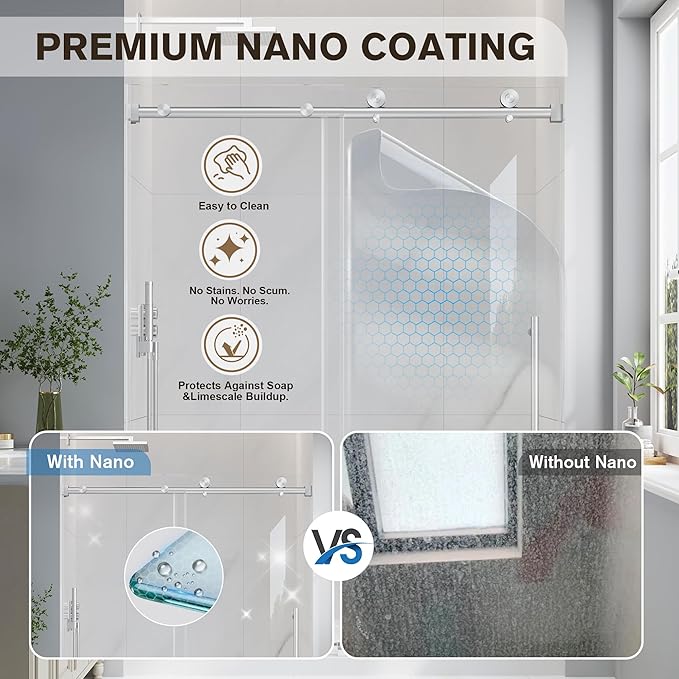 Frameless Glass Shower Door, 61-66" W x 76" H Sliding Frameless Shower Door, 1/4''(6mm) SGCC Tempered Glass, Explosion-Proof Film Nano Coating, Stainless Steel Hardware, Brushed Nickel