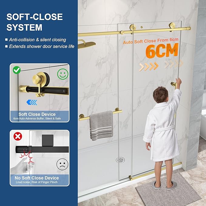 Frameless Shower Door,5/16" (8mm) Glass Sliding Shower Door with Soft-Close & Anti-Leak,Nano Coating Anti-Explosion Film SGCC Tempered Glass 55"-60" X 76"H,Brushed Gold