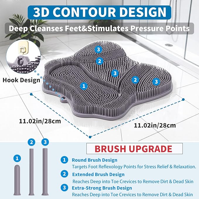 Show Foot Scrubber Mat & Silicone Back Scrubber with Butterfly Form Design,3 Brush Designs for Deep Cleaning Shower Foot Scrubber Mat, Wall Mounted Back Scrubber Silicone Bath(Grey)