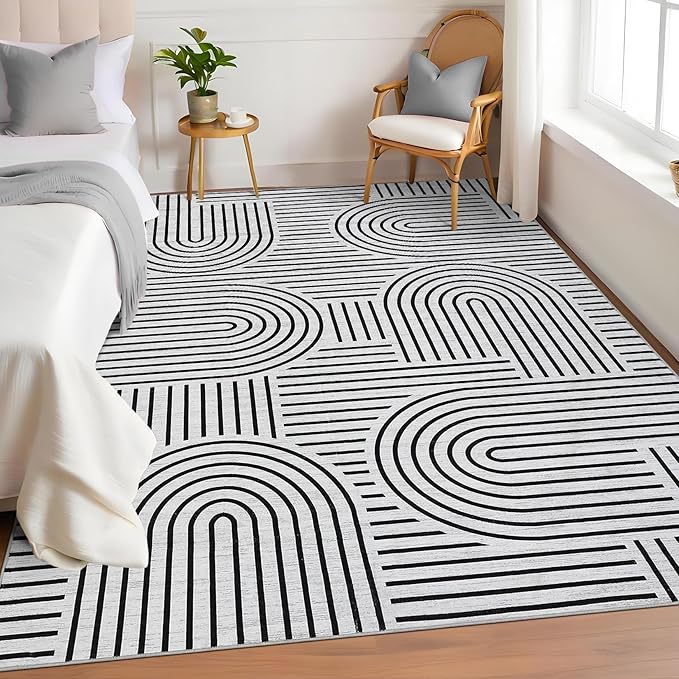 Washable Rug 8x10 Area Rugs for Living Room, Abstract Rug for Bedroom, Soft Rainbow Non Slip Rugs with Rubber Back, Low Pile Stain Resistant Boho Geometric Carpet for Dining Room, Blackwhite