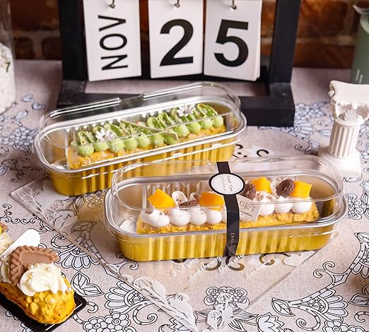 100 PACK Mini Cake Pans with Lids and Spoons, Rectangular Aluminum Foil Bread Pan, Mini Loaf Pans and Food Containers with Lids(Gold, 6.8oz)