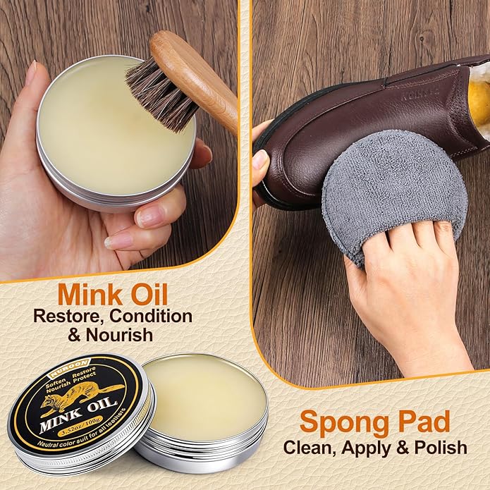 7 Pcs Leather Cleaner Boots Shoes Care Kit-3.52oz Saddle Soap for Leather Items Cleaning, 3.52oz Mink Oil for Shoes Polishing, Including Horsehair Brushes, Shine Cloth and Sponge Pad