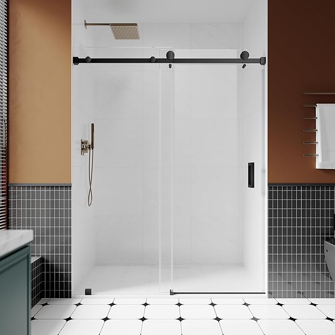 3/8" (10mm) Sliding Glass Shower Door, 56-60" W x 80" H Frameless Bathroom Door with Easy-Cleaning Coating,Matte Black