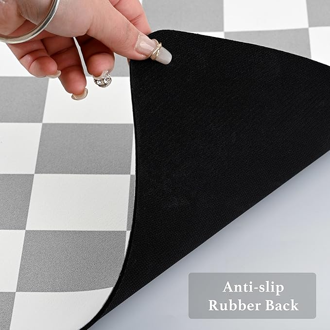 Checkered Dish Drying Mat for Kitchen Counter, Coffee Bar Station Accessories, Retro Cute Aesthetic Modern Absorbent Drainer Mat Kitchen Drying Mat Easy Clean, Grey 12" x 19"