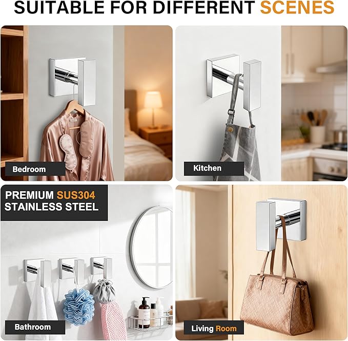 Towel Hooks for Bathrooms, Chrome Polished Towel Hook for Kitchen Bathroom, SUS304 Stainless Steel Coat Hook, Square Heavy Duty Robe Hooks for Hanging Towels, Coats, sponges, Wall Mount, 4 Pack