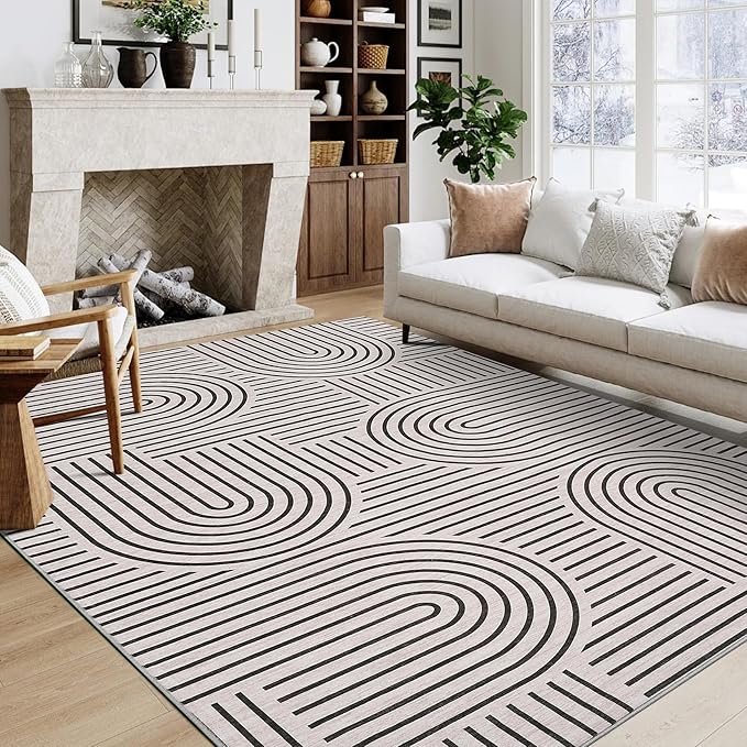 Washable Rug 9x12 Area Rugs for Living Room, Abstract Rug for Bedroom, Soft Rainbow Non Slip Throw Rugs with Rubber Back, Low Pile Stain Resistant Boho Geometric Carpet for Dining Room, LightCamel