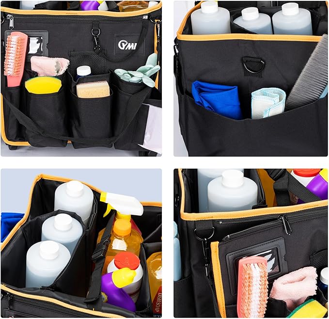 YMU Large Rolling Cleaning Caddy Bag With Detachable Trolley, 4 in 1 Portable Cart for Housekeeping With Swivel Caster & Shoulder Strap, Waterproof Supplies Organizer