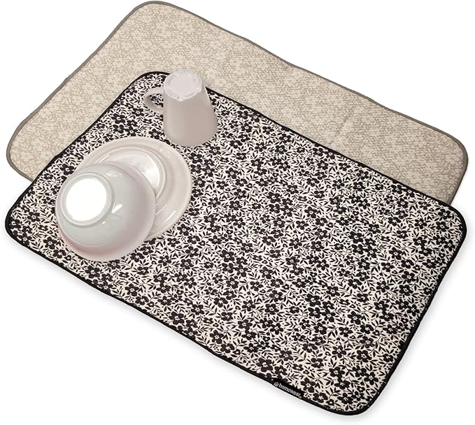 2 Pack Printed Dish Drying Mats for Kitchen, Super Absorbent Polyester, 15 x 20 inches, Countertop Sink, Machine Washable, Ditsy Floral