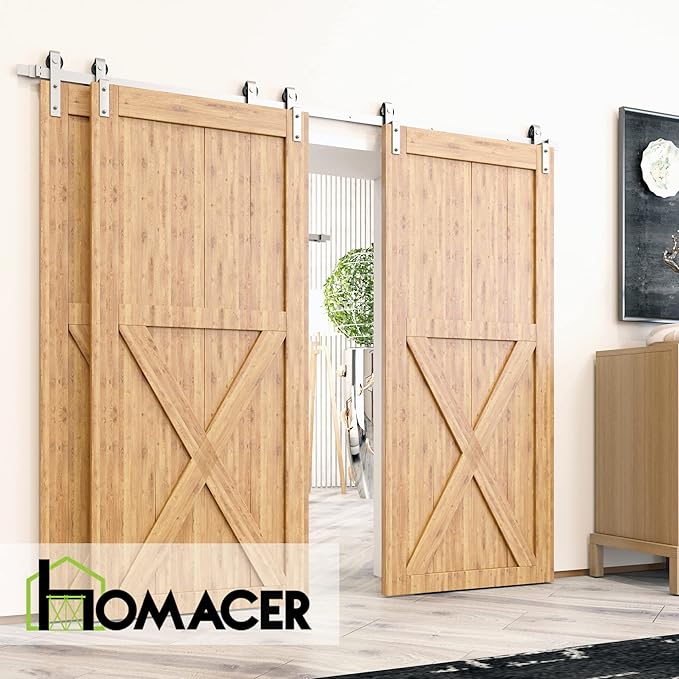 Homacer Brushed Nickel Single Track Bypass Sliding Barn Door Hardware Kit, for Three Doors, 14ft Long Flat Track, Classic Design Roller, (1 Flat+2 Bent Roller Set)