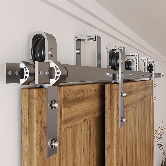 Homacer Brushed Nickel Double Track U-Shape Bypass Sliding Barn Door Hardware Kit, for Two/Double Doors, 15ft Long Flat Track, Classic Design Roller