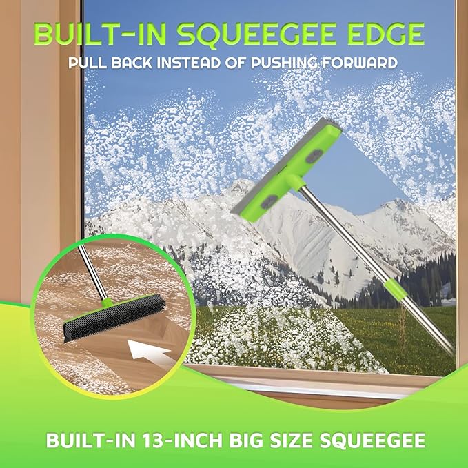 Carpet Rake for Pet Hair Removal with 61" Long Handle, 2 Microfiber Clothes, Squeegee & Pet Silicone Brush,4 in 1 Green Multi-Surface Hair Remover for Rugs,Carpets,Floors, Tiles, Couches