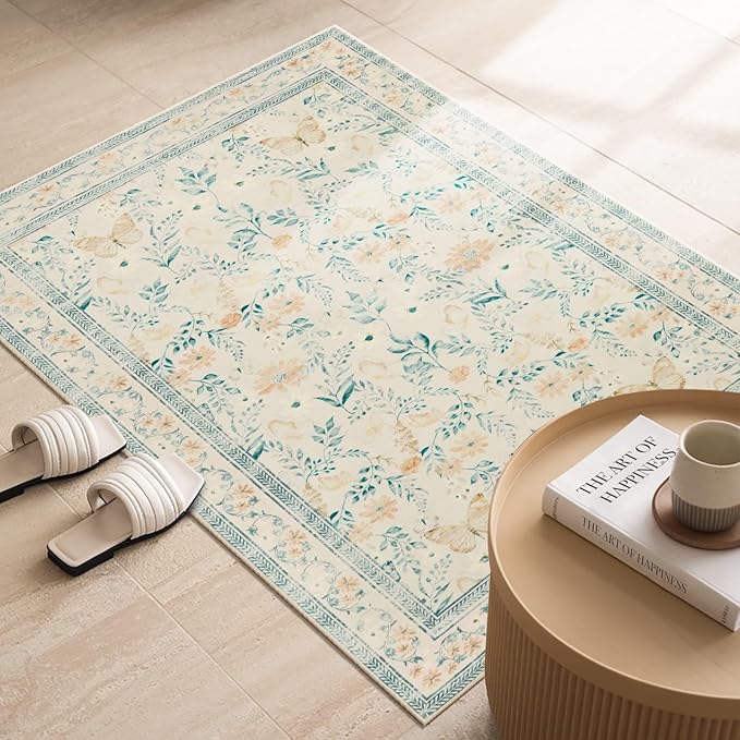 Door Mat Floral Entryway Rug, Washable Samll 2x3 Rug, Boho Beige Front Door Mat, Non Slip Area Rugs, Low Pile Throw Accent Carpet for Indoor Entrance, Bathroom and Kitchen(Beige 2x3ft)