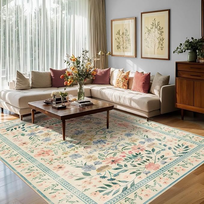 Floral Rug for Living Room Bedroom, 5x7 Washable Rug, Green Vintage Boho Area Rug, Large Non Slip Low Pile Wool Carpet for Indoor Dining Room,Girls Room,Nursery Room and Kids Room(Green 5x7ft)