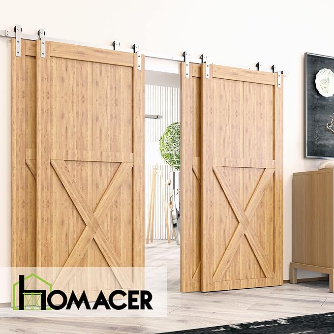 Homacer Brushed Nickel Single Track Bypass Sliding Barn Door Hardware Kit, for Four Doors, 6.6ft Long Flat Track, StraightDesign Roller, (2 Flat+ 2 Bent Roller Set)