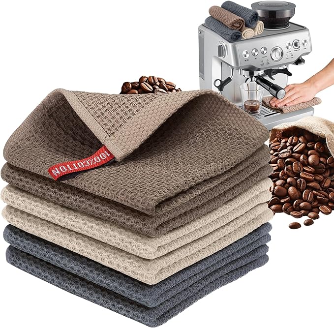 FGSAEOR Barista Cleaning Towels 6-Pack, 100% Cotton Waffle Weave 12x12 Inch Extra Thick Coffee Cloths, Ultra Soft Absorbent for Espresso Machine, Steam Wand, Milk Frother & Countertops